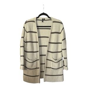 Moon & Madison Striped Open Knit Cardigan Khaki Cream Pockets Sz S Cozy Casual